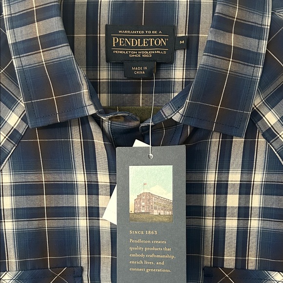Pendleton Shirt Men’s M Navy Plaid Pearl Snap Frontier Long Sleeve Western NWT - Picture 2 of 14